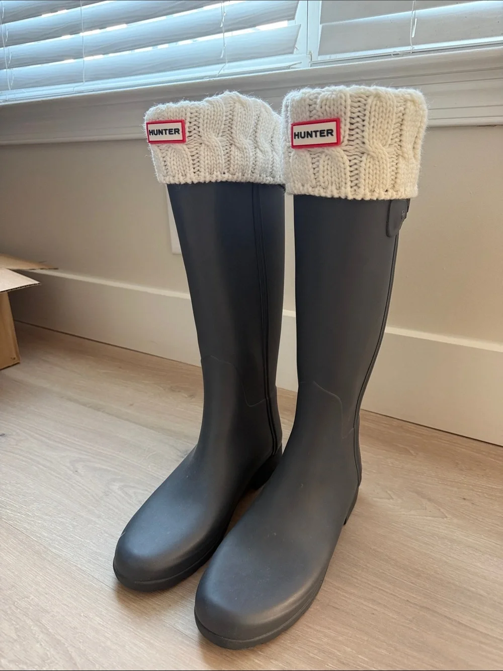 Hunter Gray Boots with Cream Knit Cuffs